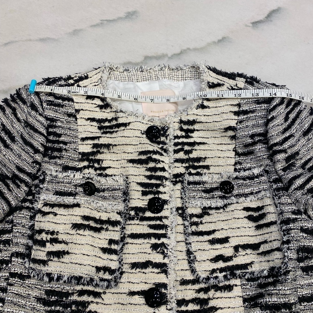 Rebecca Taylor Tweed Jacket Size 10 Black Cream Metallic - Picture 6 of 15